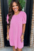 Corded Knit Crew Neck Puff Sleeve Shift Mini Dress